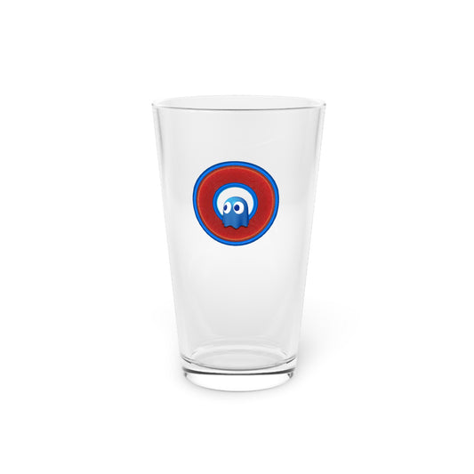 16oz Lumpy Pint Glass - "Story of the Pint Glass" - variant 1 - rustic red/blue donut