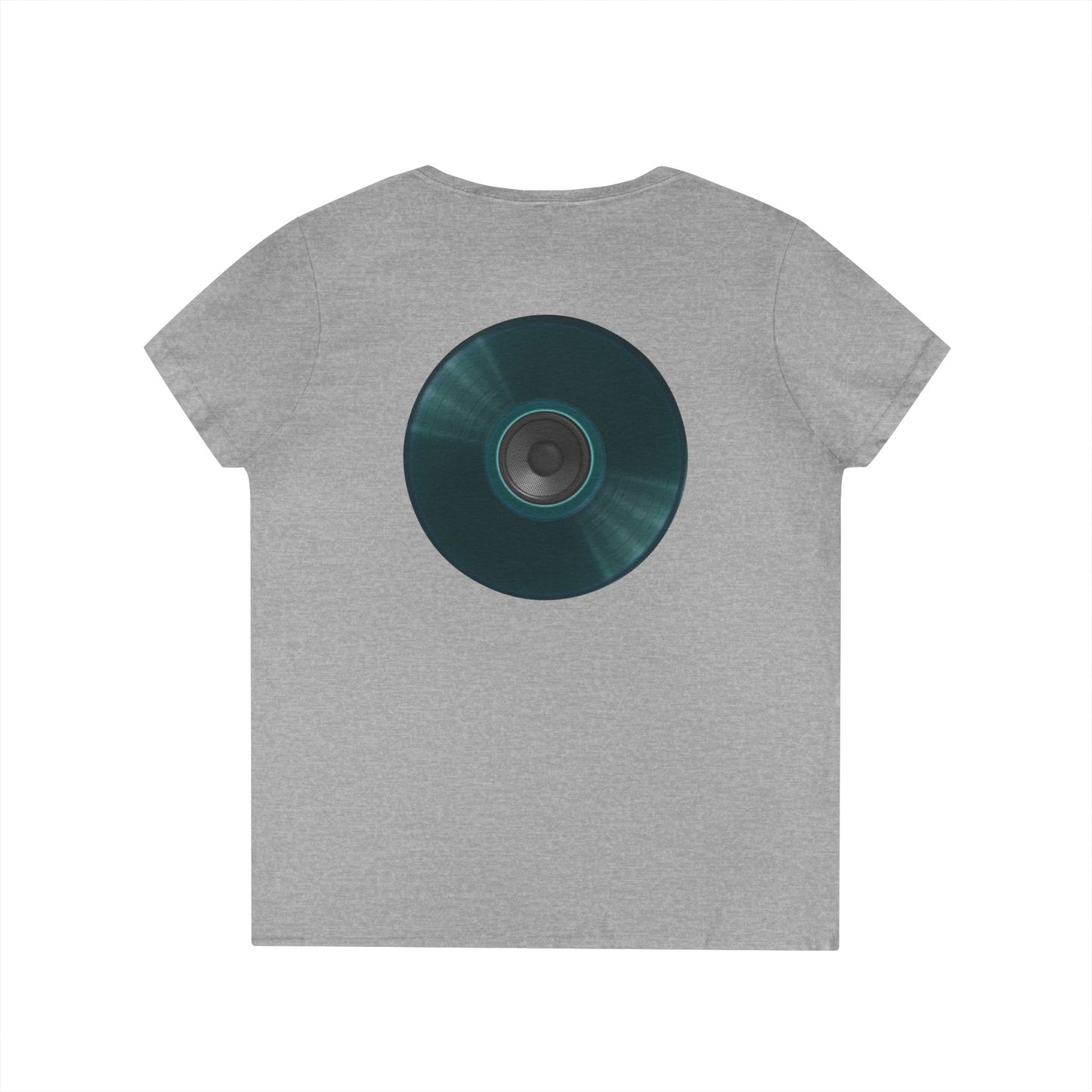 Women's Donut V-Neck Tee - "Speaker Donut" - vivid teal record donut w/