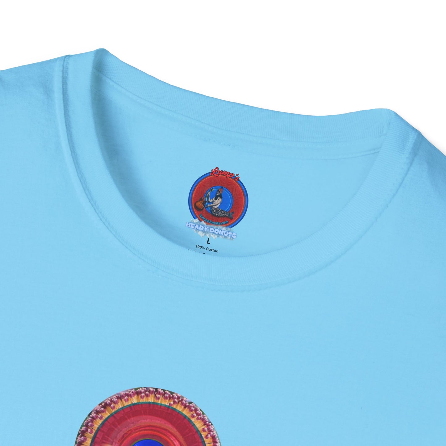 Classic Donut Tee - Unisex Soft-Style - "Smell the Donuts Outside on my Lawn"  " variant 2 - blue donut on red donut/flower