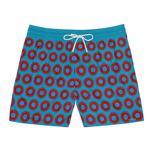 Men's Lumpy Swim Trunks - vivid red donut print w/aquamarine blue background