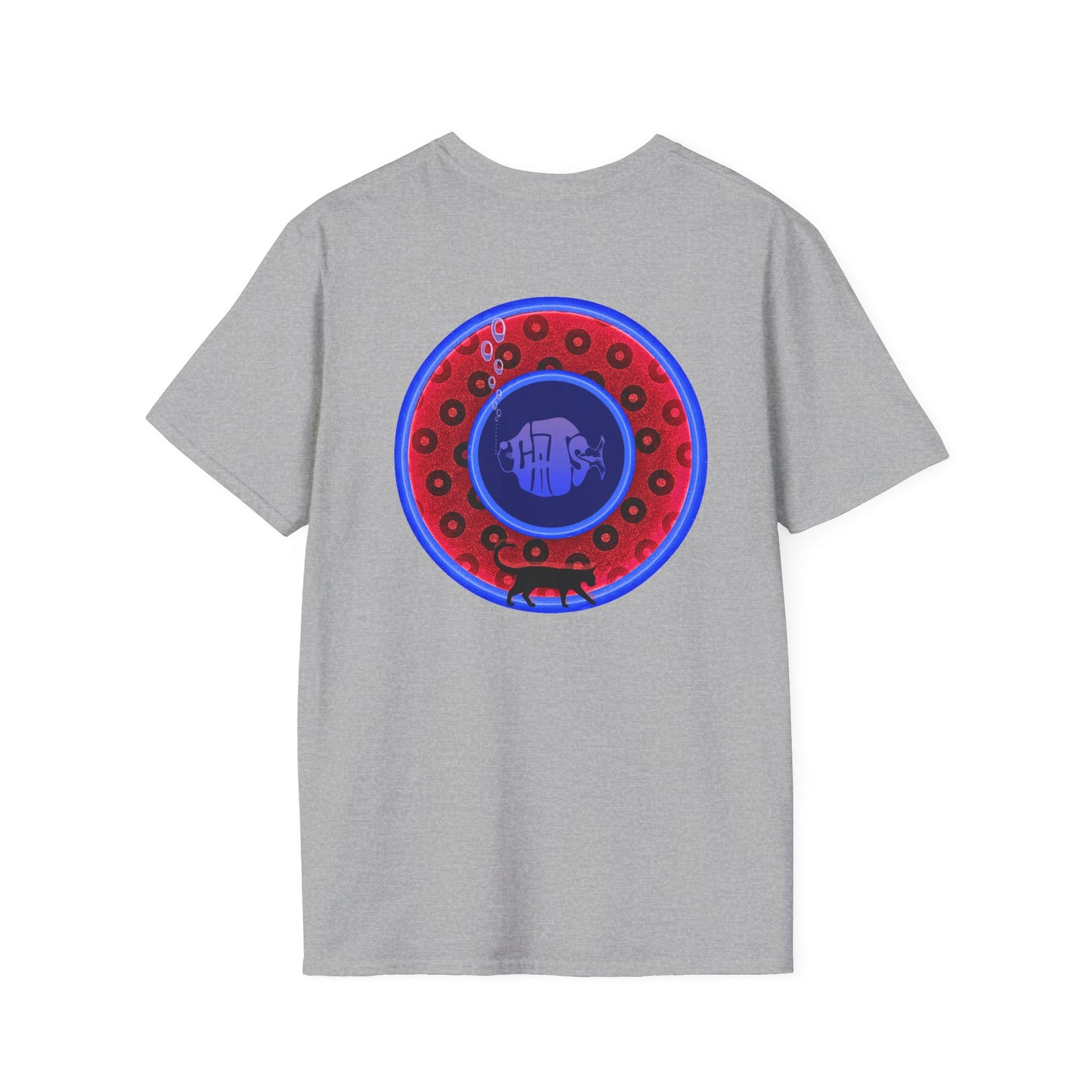 Classic Donut Tee - Unisex Soft-Style - "The Cat's Meow Donut' - red/blue paradox widemouthed donut