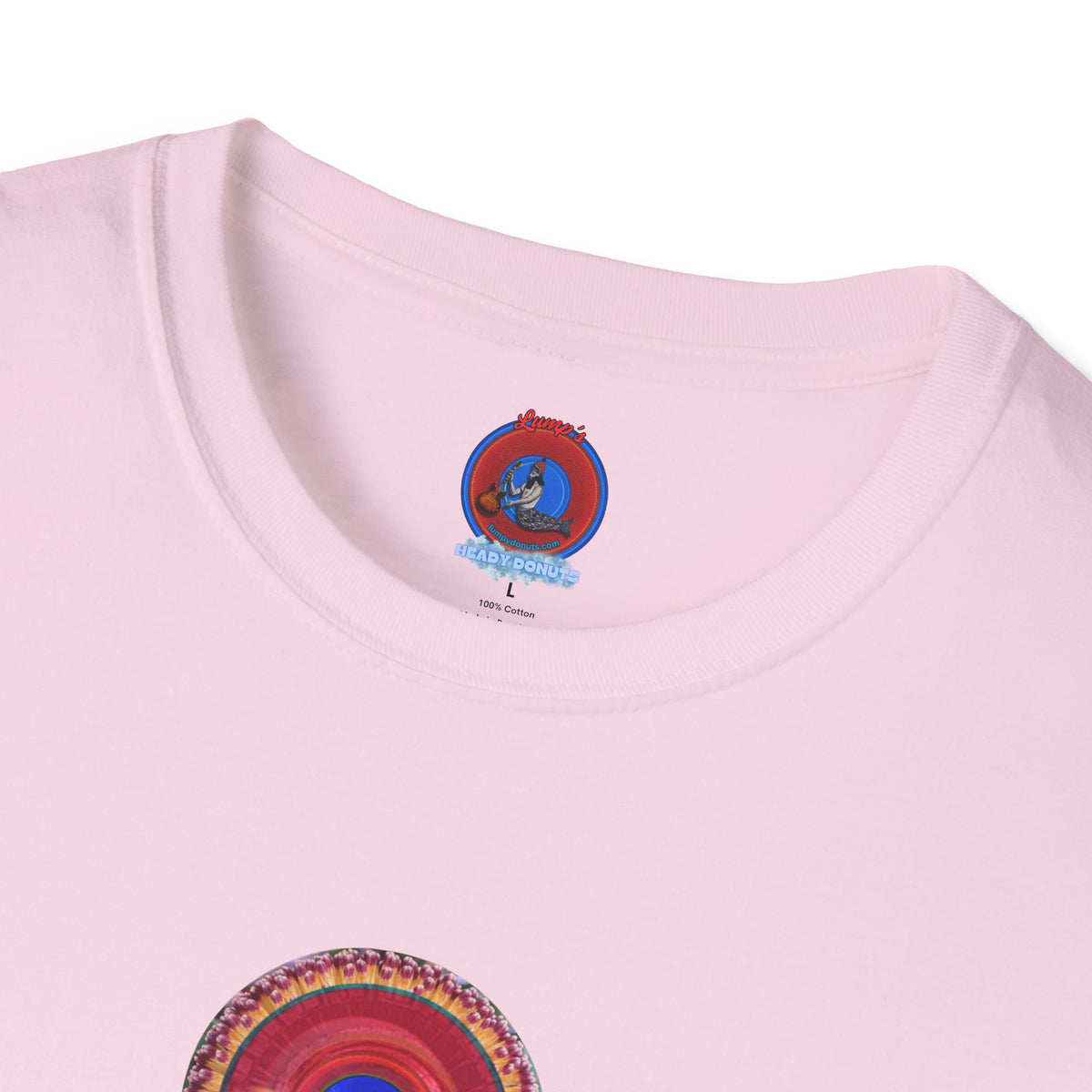 Classic Donut Tee - Unisex Soft-Style - "Smell the Donuts Outside on my Lawn"  " variant 2 - blue donut on red donut/flower
