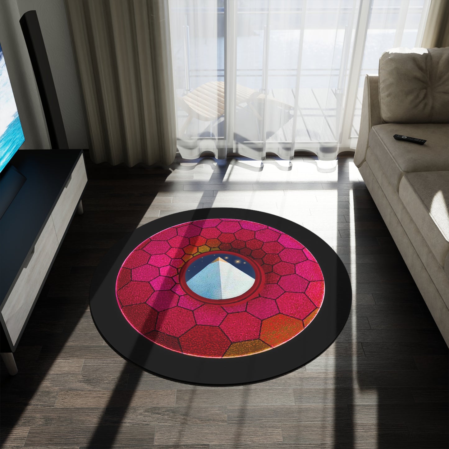 Round Room - 5 ft x 5 ft Lumpy Donut Rug - "Limestone Donut Rug so Large" - magenta hexadonut w/black background - variant 5