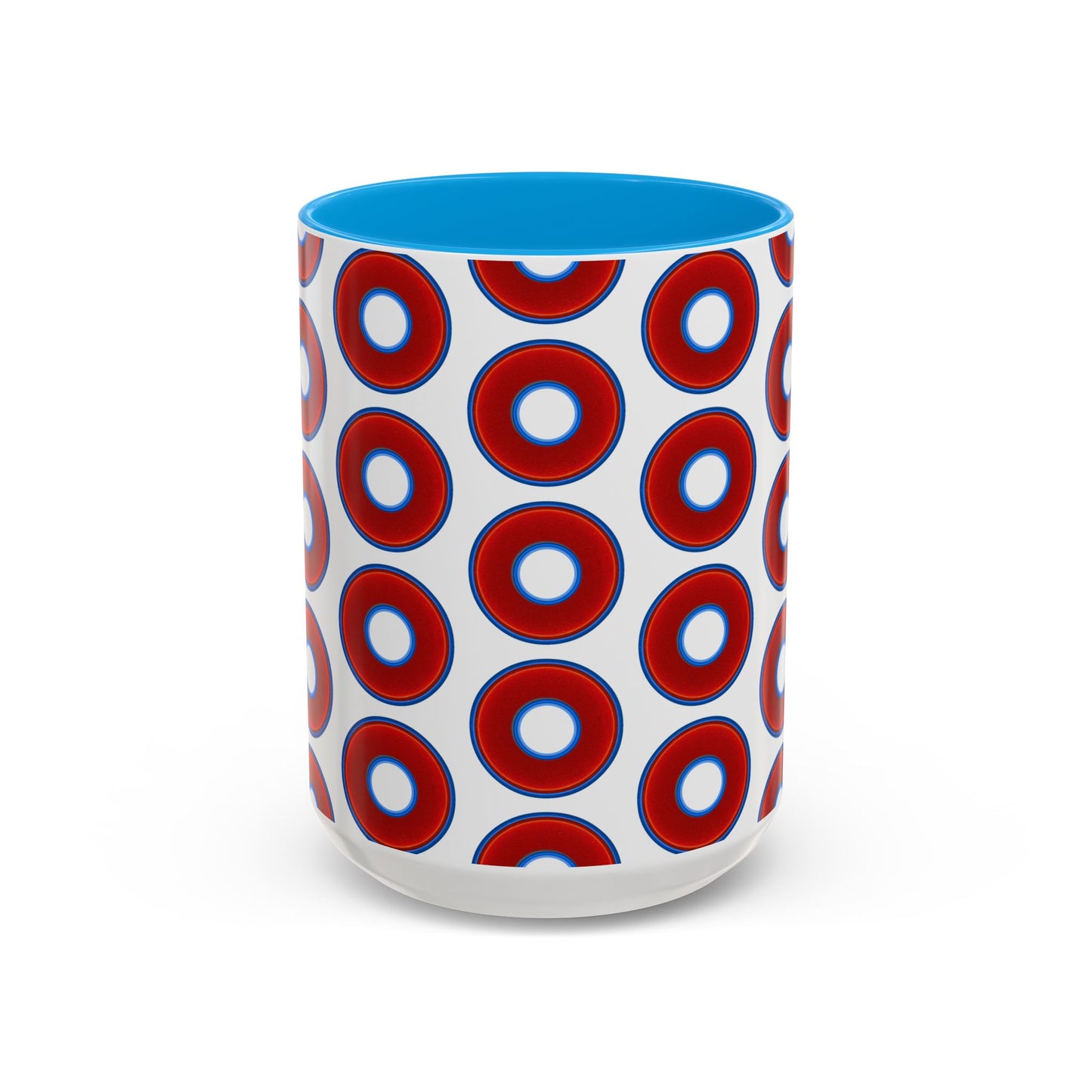 Lump's Grumpy Coffee Mug - vivid red donuts w/white background