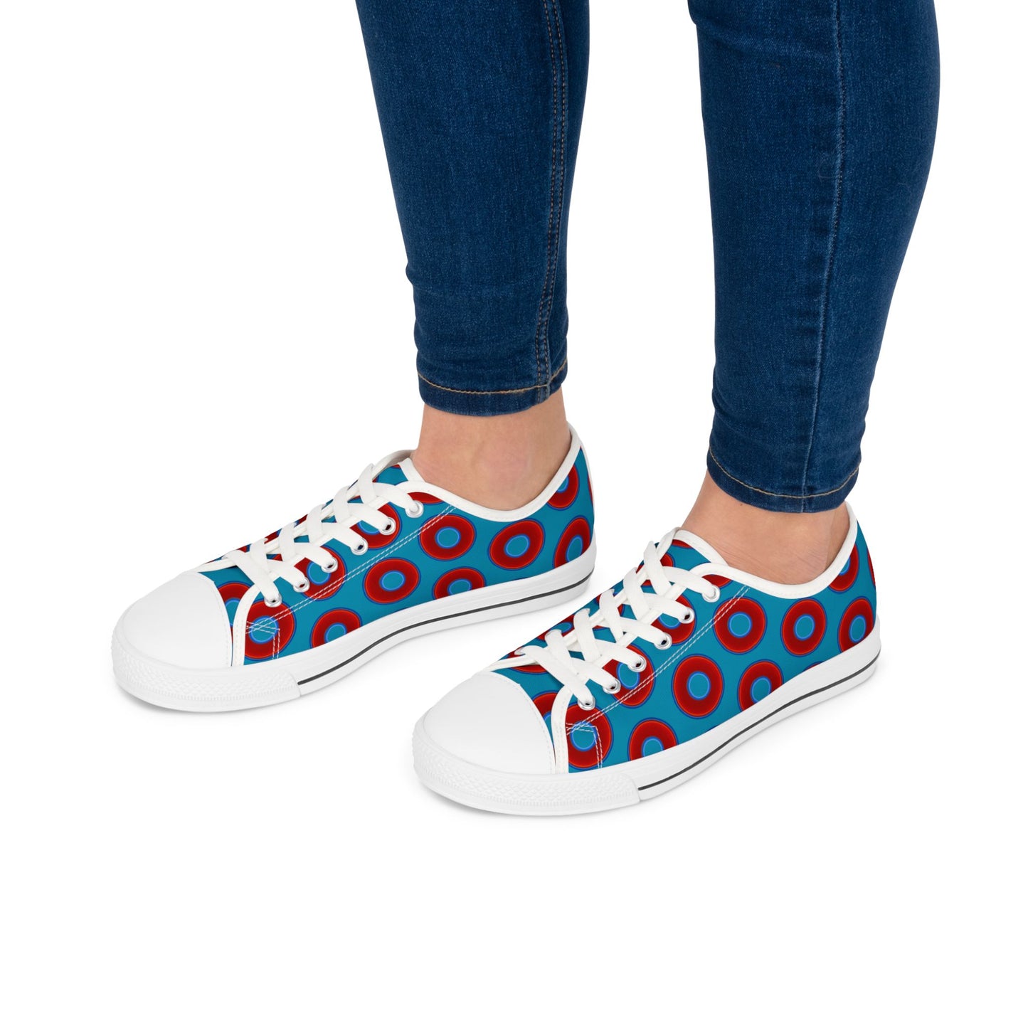 Women's - Low Top Chuck Taylors - large vivid red donut print w/aquamarine blue background