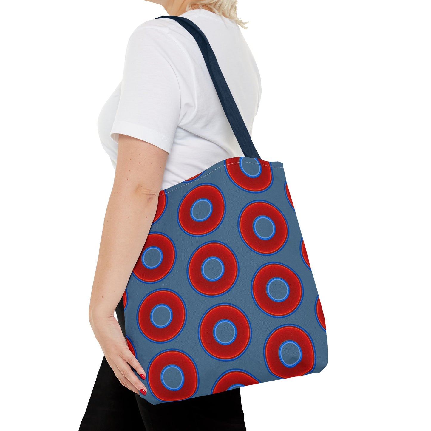 Lumpy Beach/Tote Bag - red vivid donuts w/steel blue background