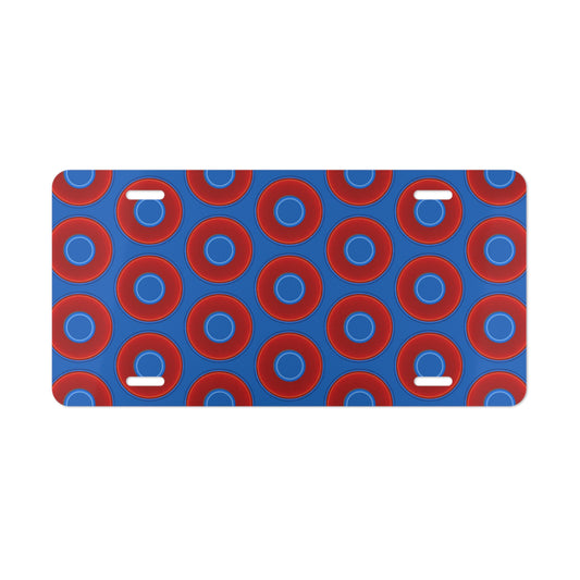 Lumpy Donut Vanity Plate - red vivid donut print w/dark royal blue background
