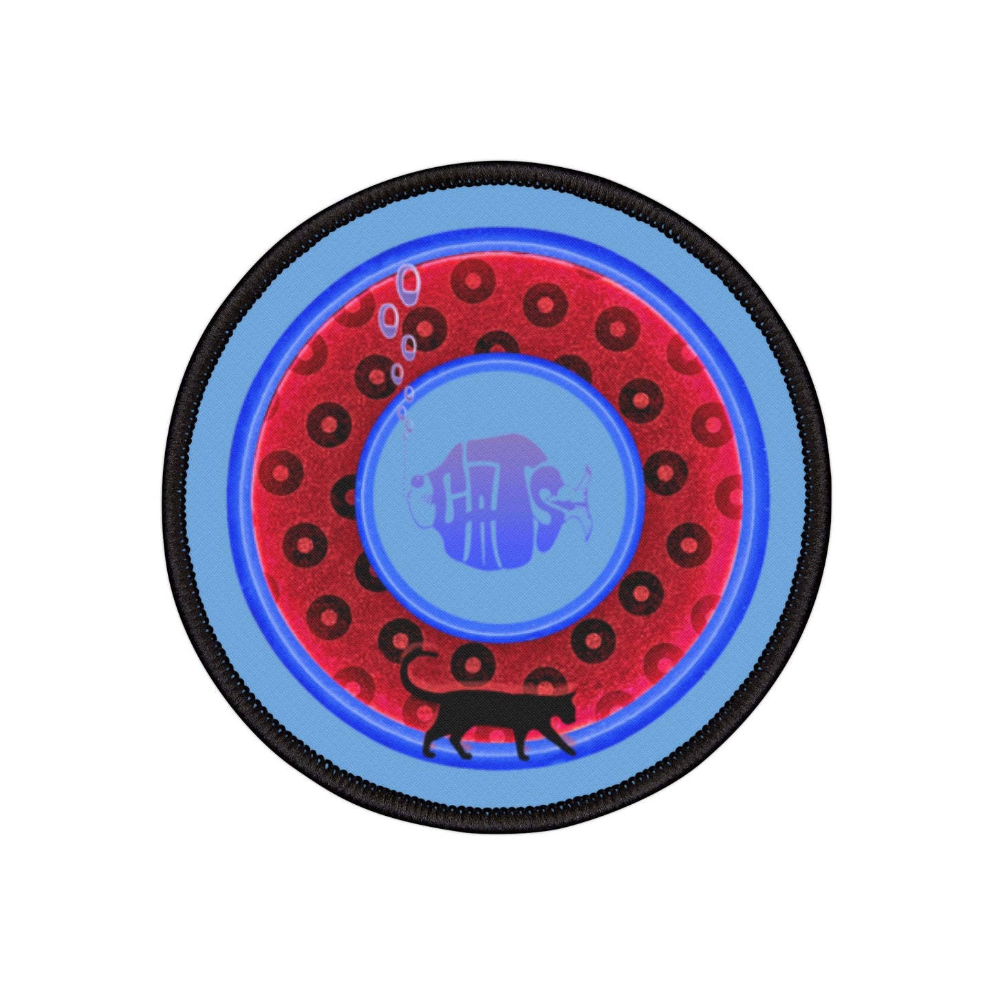 Iron-On Donut Patch - "My Pet Cat's Donut Patch" - vivid red/blue wide mouth paradoxical donut - variant 3