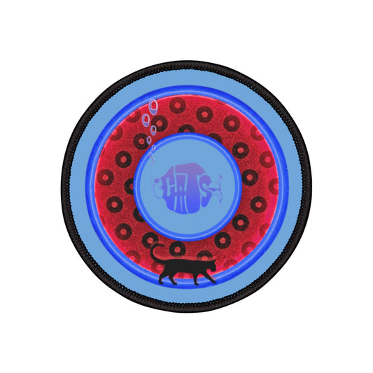 Iron-On Donut Patch - "My Pet Cat's Donut Patch" - vivid red/blue wide mouth paradoxical donut - variant 3