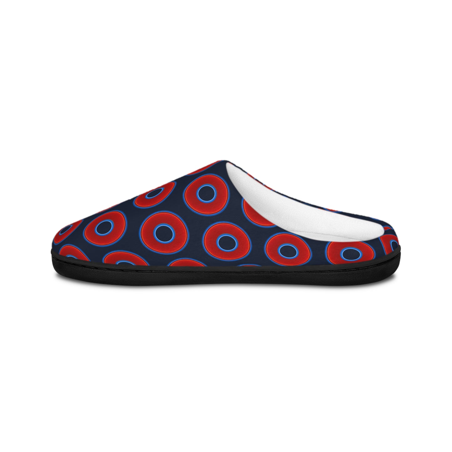 Men's Lumpy Slippers - red vivid donut print w/dark teal elite blue background