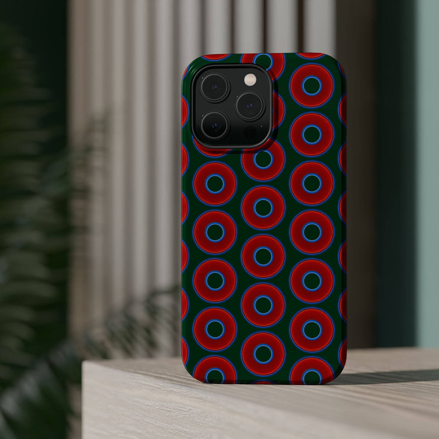 Magnetic Tough Donut Case - red vivid donut print w/deep pond green background