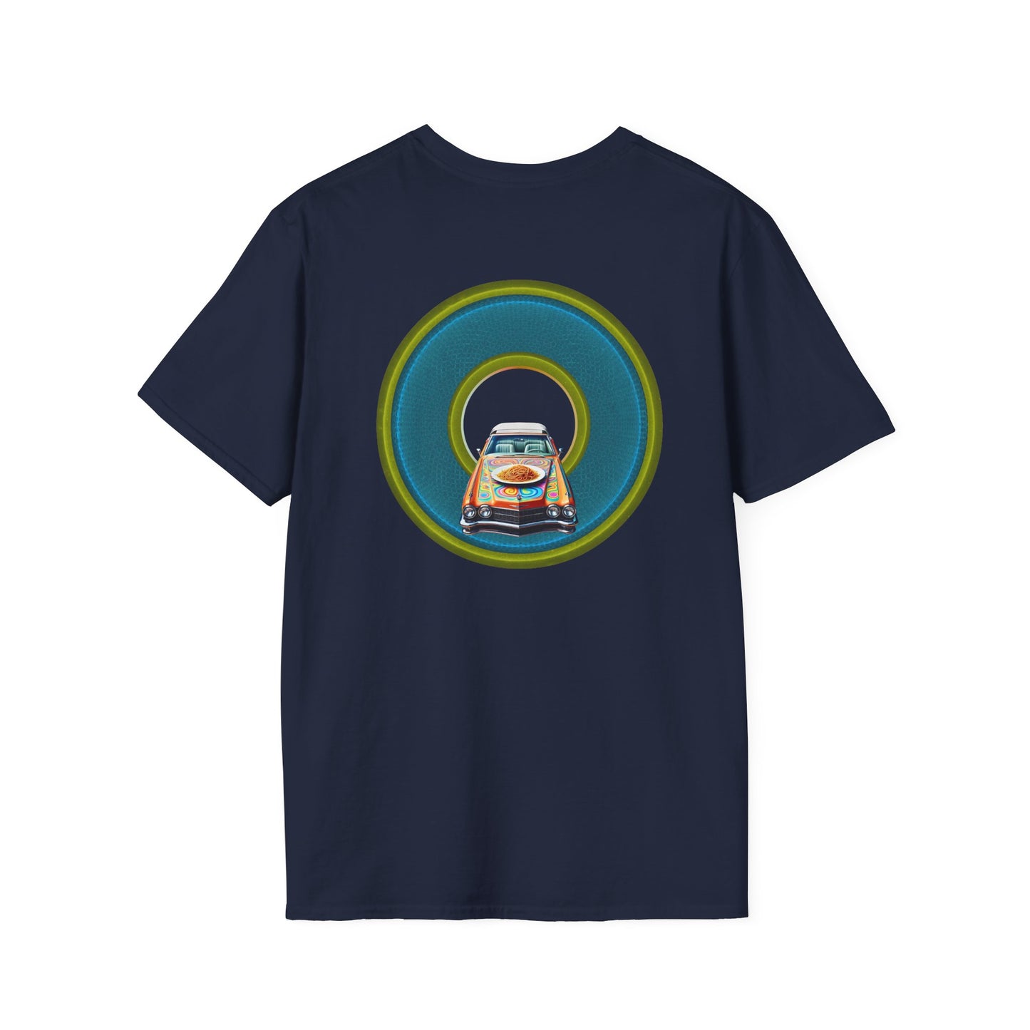 Classic Donut Tee - Unisex Soft-Style - "Cadillac Rainbow Spaghetti Incident" - series 1.0  - variant 1 - blue/green donut