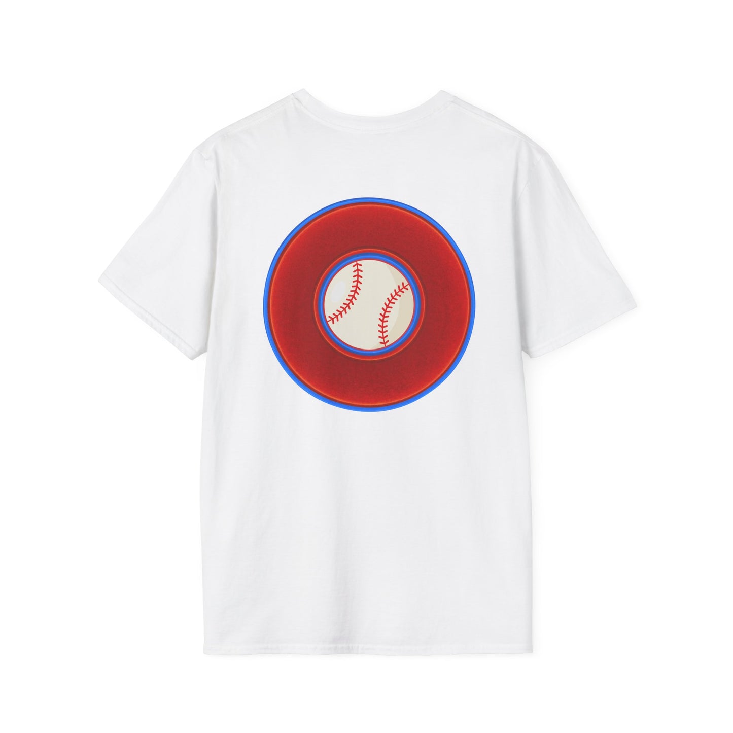 Classic Donut Tee - Unisex Soft-Style - "Phenway Ballpark Donuts" - vivid red/blue donut - variant 4