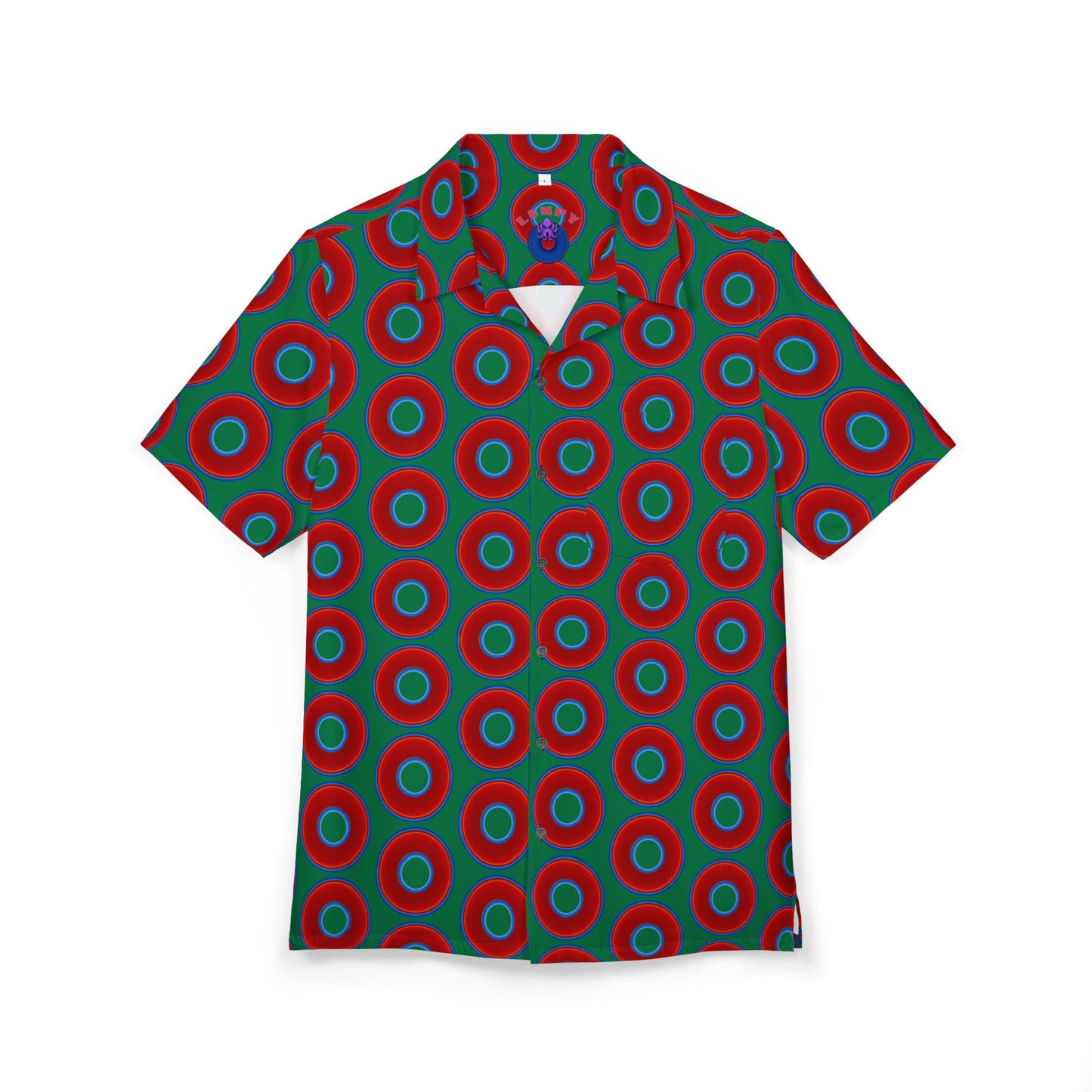 Wilson's 'Epic Hawaiian-Punch' Shirt - vivid red donut print w/green background [unisex]
