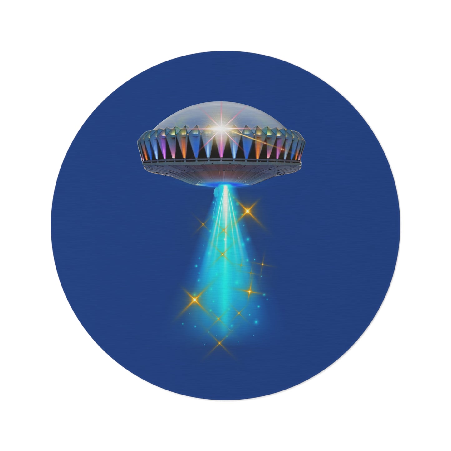 Round Room - 5 ft x 5 ft Lumpy Donut Rug - "They Have Rugs on the Mothership now" - mothership & donut w/dark blue background - variant 1