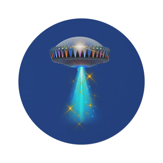 Round Room - 5 ft x 5 ft Lumpy Donut Rug - "They Have Rugs on the Mothership now" - mothership & donut w/dark blue background - variant 1