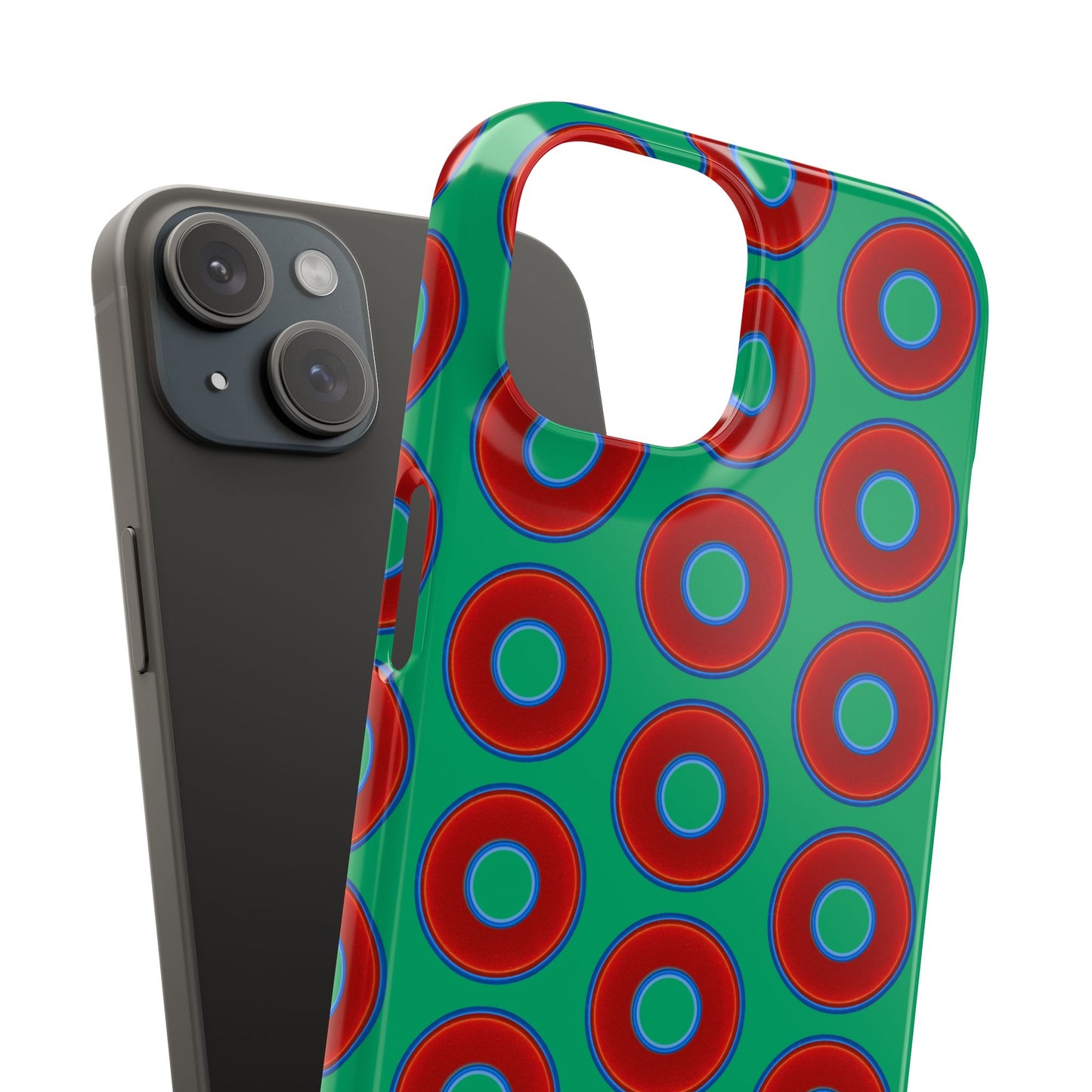 Lumpy Donut Snap Case - red vivid donut print w/jade green background
