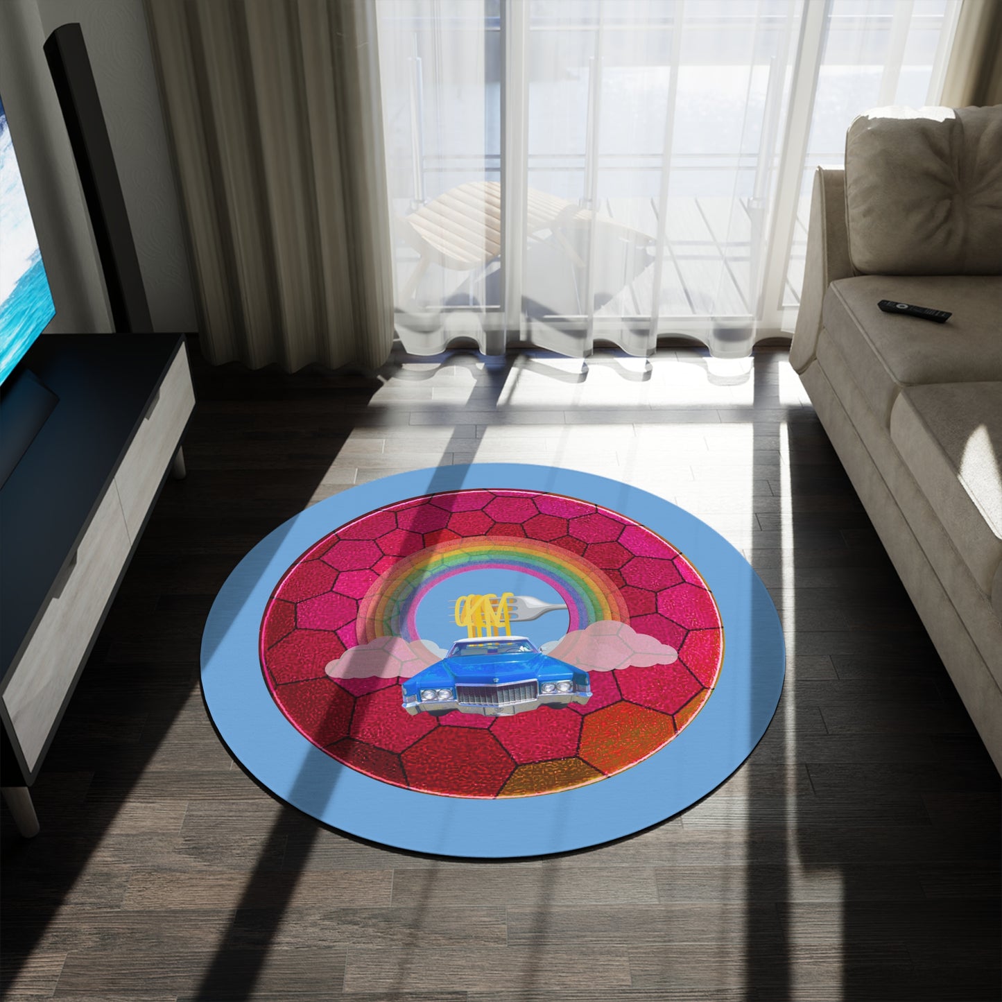 Round Room - 5 ft x 5 ft Lumpy Donut Rug - "Cadillac Rainbow Donut Rug" - magenta hexadonut w/light blue background - variant 2