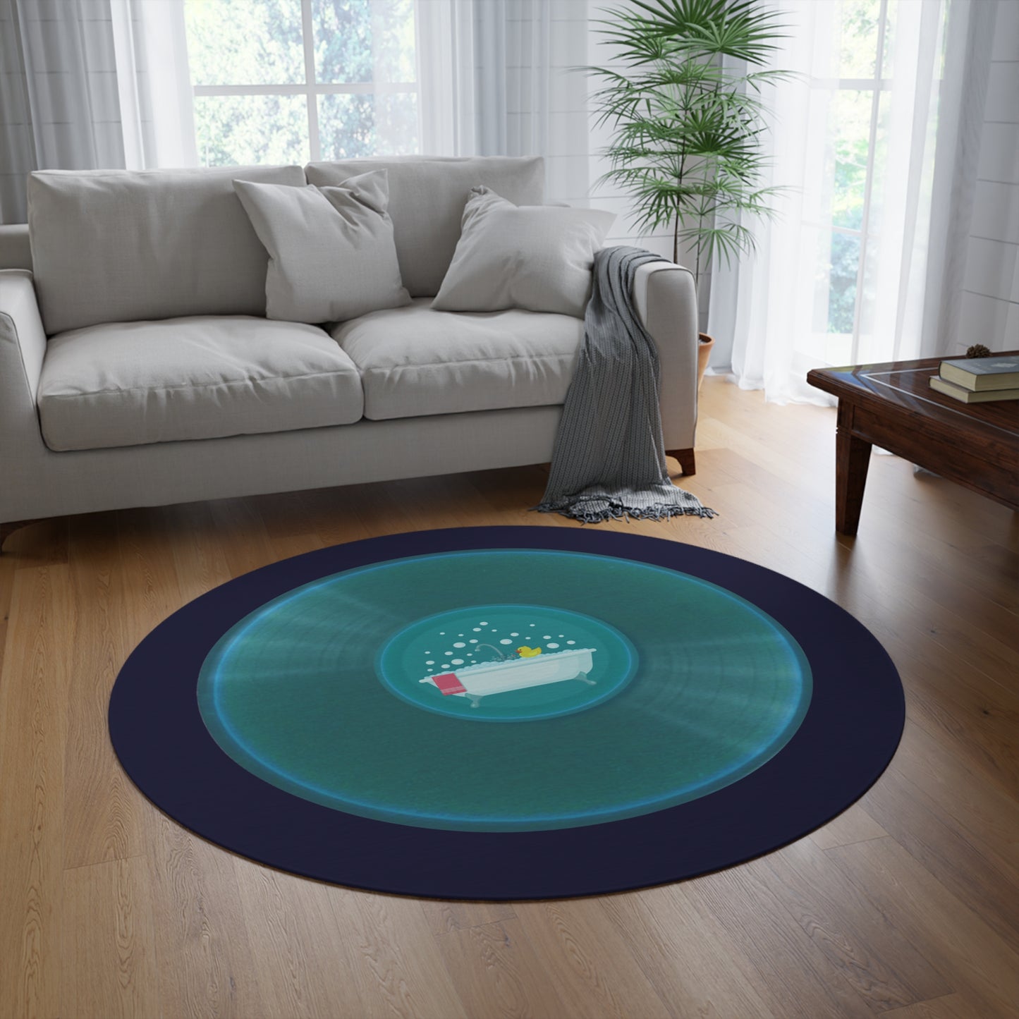 Round Room - 5 ft x 5 ft Lumpy Donut Rug - "Bath Time Fun Donut Rug" - vivid aquamarine donut w/midnight blue background