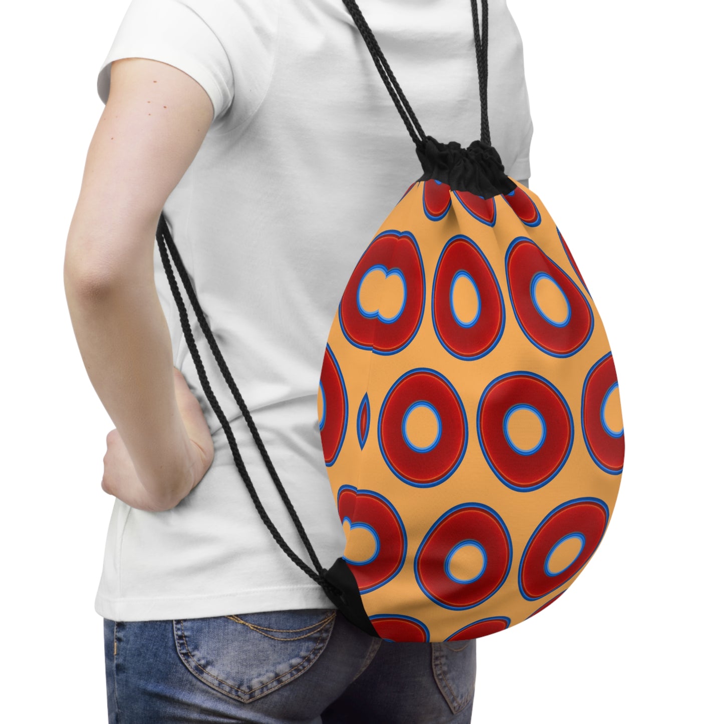 Lumpy Donut Drawstring Bag - red vivid donuts print w/orange creamcicle background