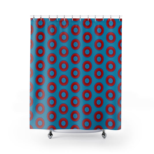 The Curtain With "Donuts" - Lumpy Bath Time Fun - vivid red donuts w/aquamarine background