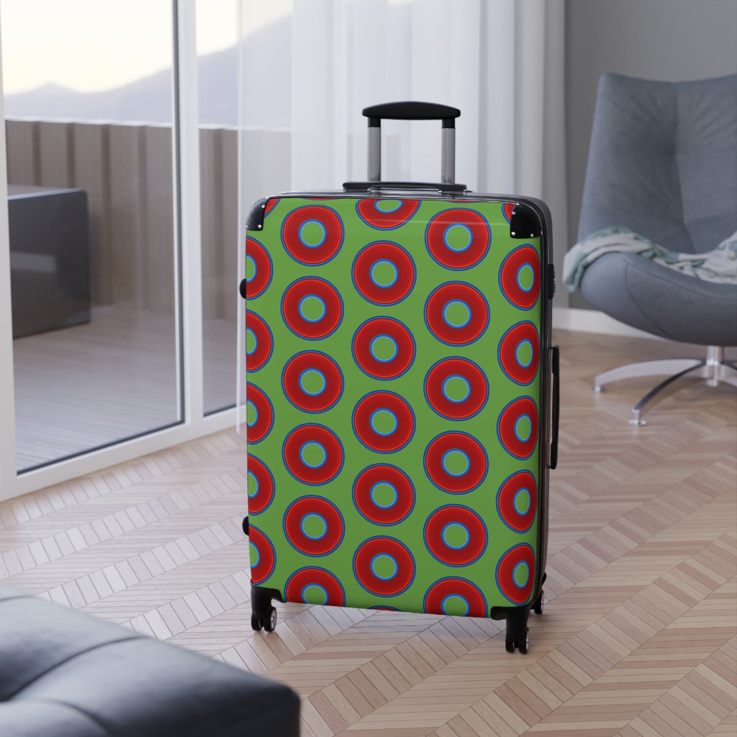The Very Lumpy Donut Suitcase series - your choice of S, M or L - vivid red donut print w/lime green background