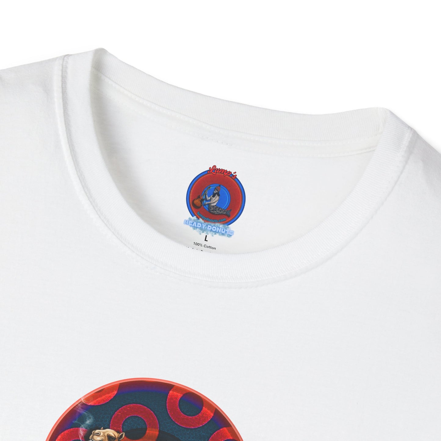 Classic Donut Tee - Unisex Soft-Style - "Joe Camel's Super Cool Donut" - rustic paradox donut - dark navy/red donuts