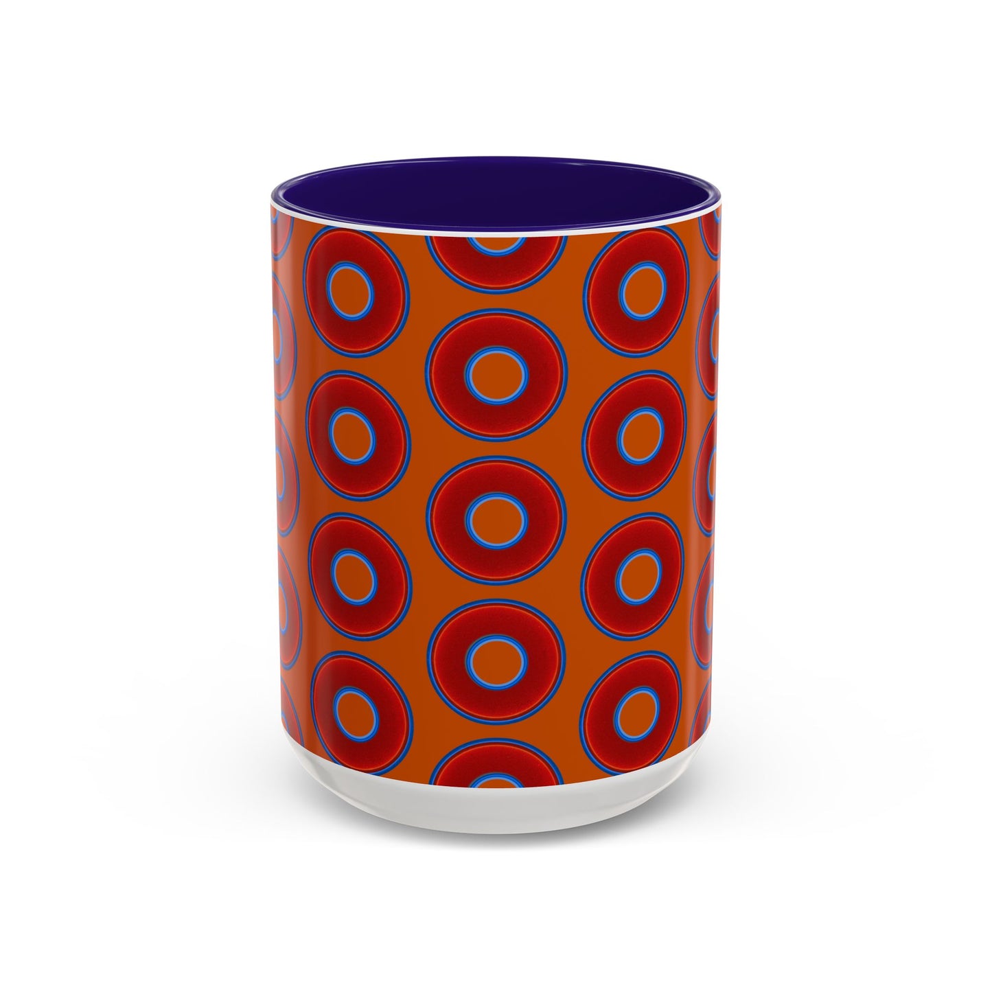 Lump's Grumpy Coffee Mug - vivid red donuts w/dark orange background