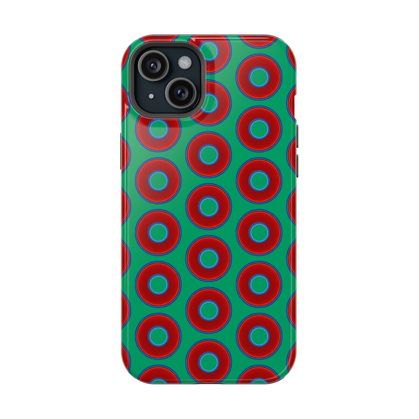 Impact-Resistant Lumpy Donut Case - red vivid donut print w/jade green background