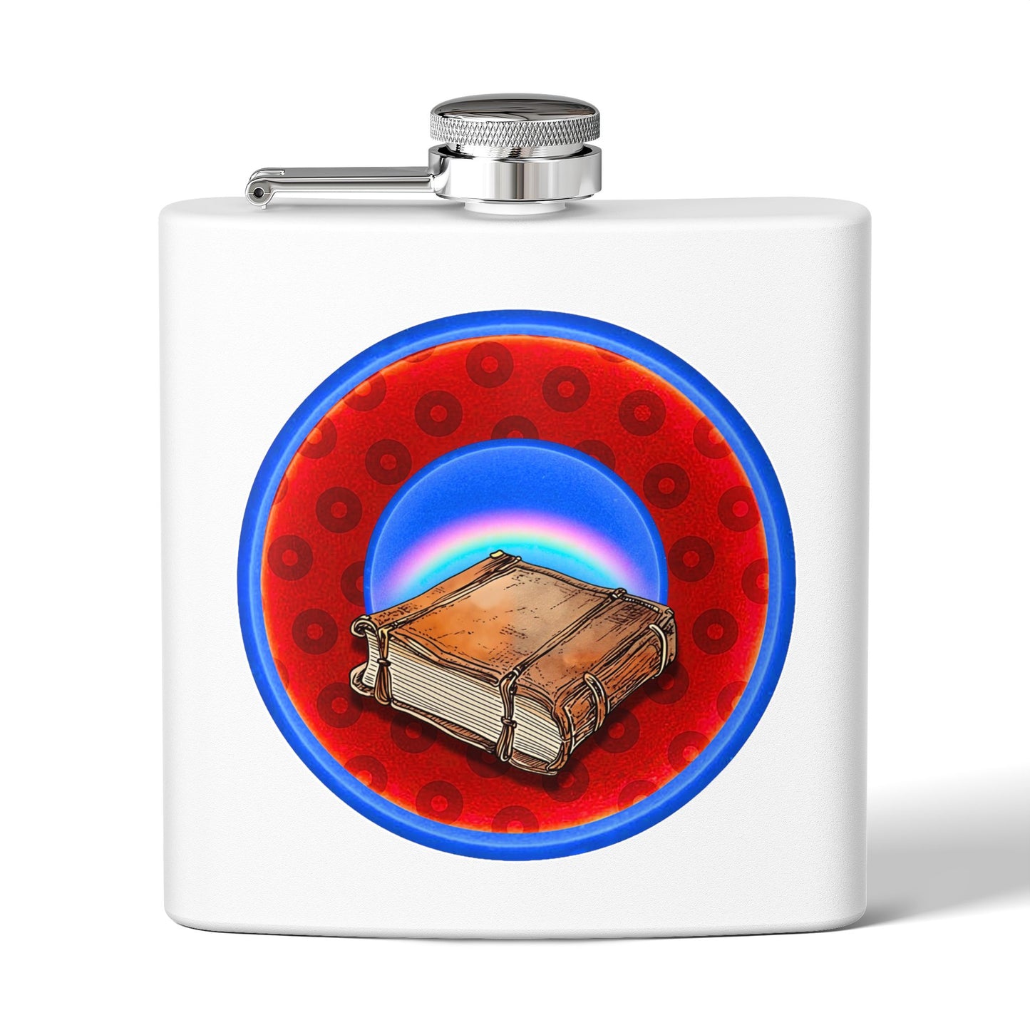 Lump's Donut Flask 6 oz -  "Helping Phriendly Flask" - red/blue widemouthed paradox donut - [*w/your choice of 6 backgrounds]