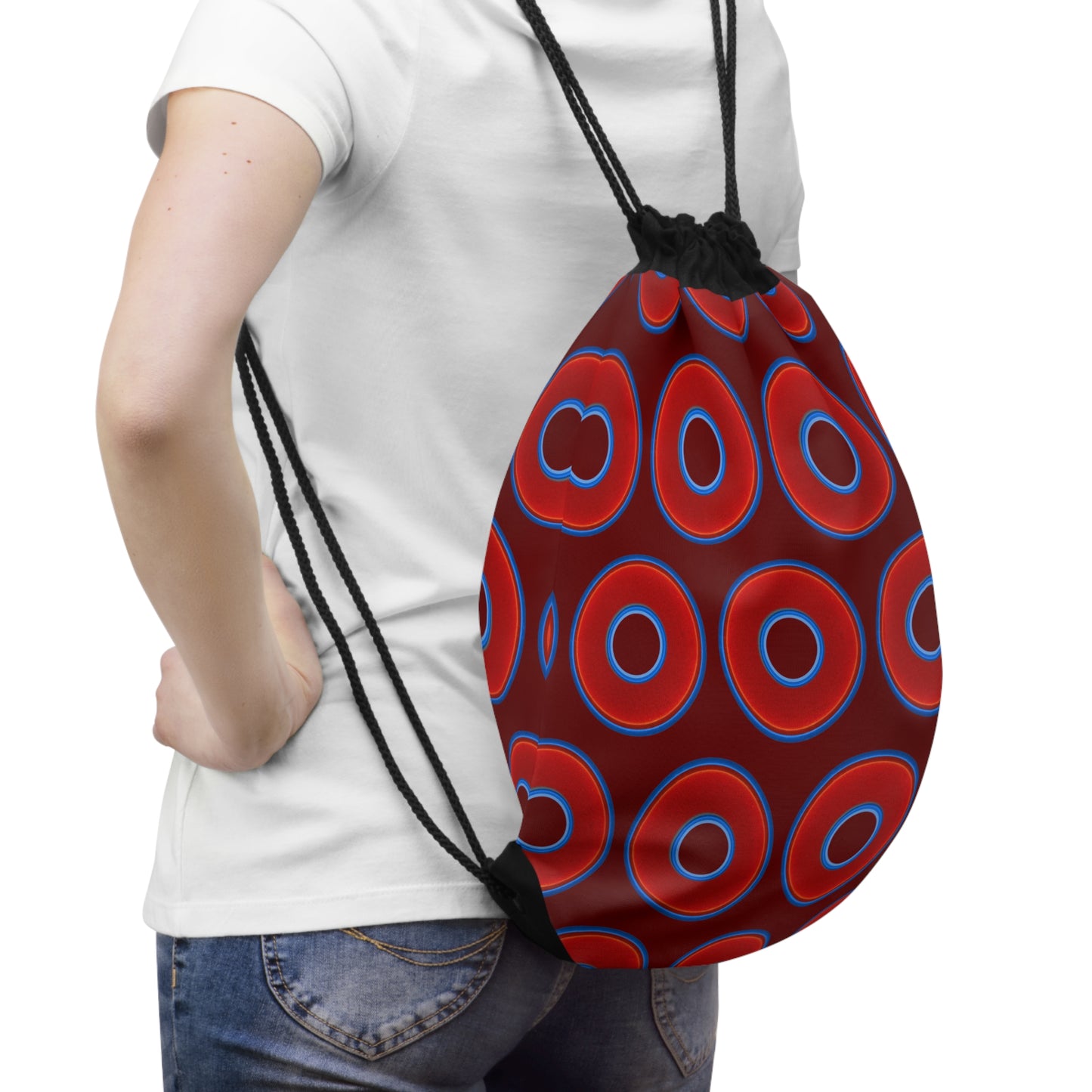 Lumpy Donut Drawstring Bag - red vivid donuts print w/dark red background