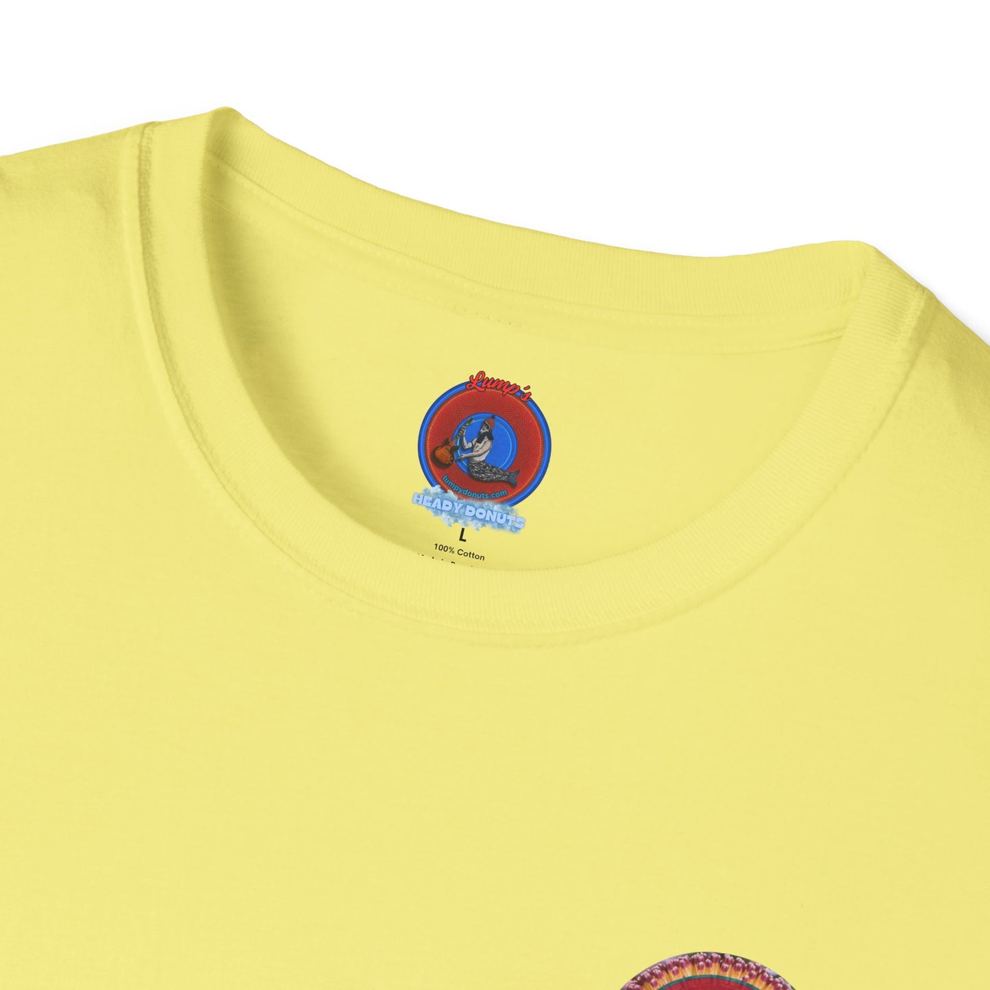 Classic Donut Tee - Unisex Soft-Style - "Smell the Donuts Outside on my Lawn"  " variant 2 - blue donut on red donut/flower