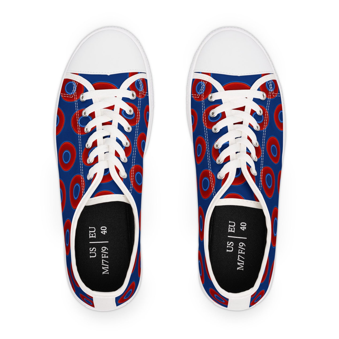 Women's - Low Top Chuck Taylors - large vivid red donut print w/dark blue background