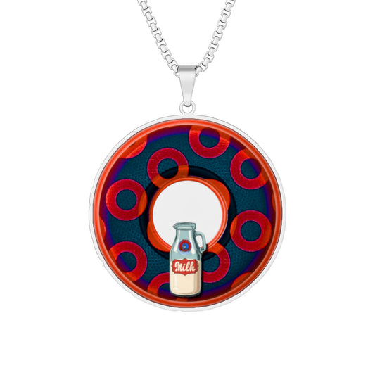 Lump's Heady Donut Necklace - 1" x 1" Stainless Steel Pendant - "Wooked Cream Dairy - YEMSG Donut" - navy blue/red rustic paradox donut - variant 3