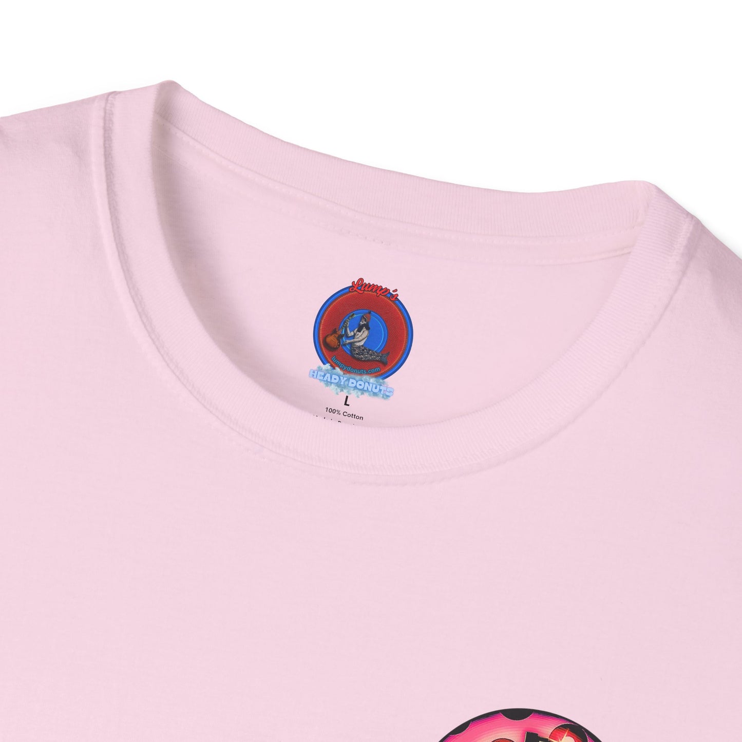 Classic Donut Tee - Unisex Soft-Style - "Would You Be My Donut?" - paradoxical faded magenta/red donut - variant 1