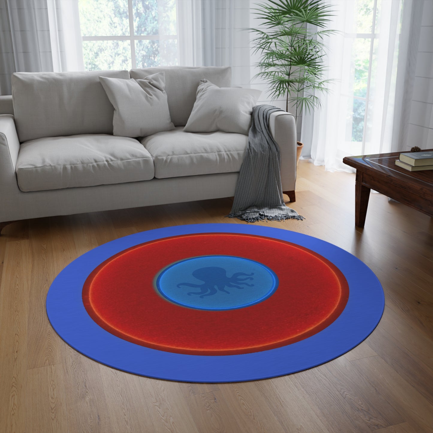 Round Room - 5 ft x 5 ft Lumpy Donut Rug - "Roger Moore's Donut" - vivid red donut w/royal blue background - variant 1