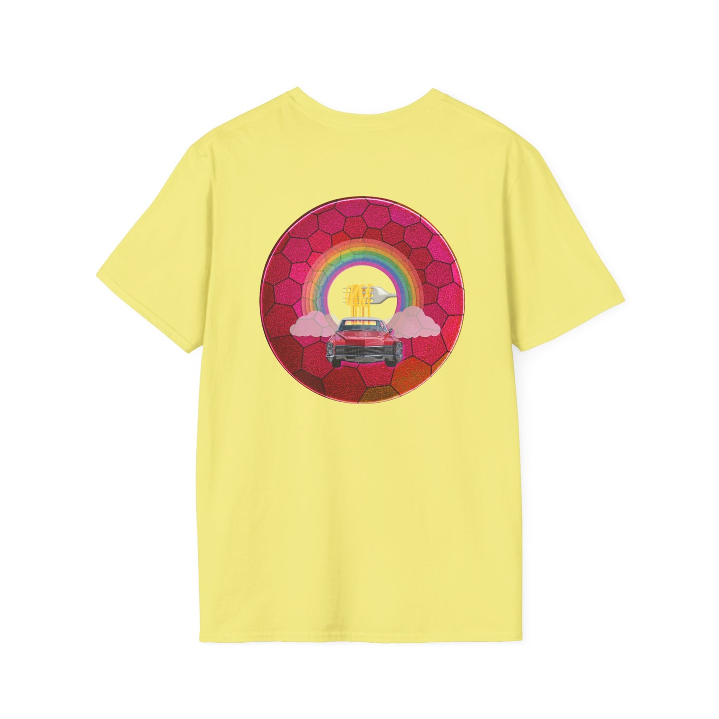 Classic Donut Tee - Unisex Soft-Style - "Cadillac Rainbows Donut Tee" - variant 1 - magenta hexadonut w/red caddy