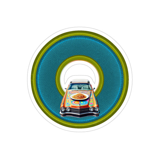 Donut Bumper/Outdoor Sticker - "Cadillac Rainbows & Eating on the Run" - series 1.0 - variant 1 blue/green donut - [Die-Cut] 6"x 6"