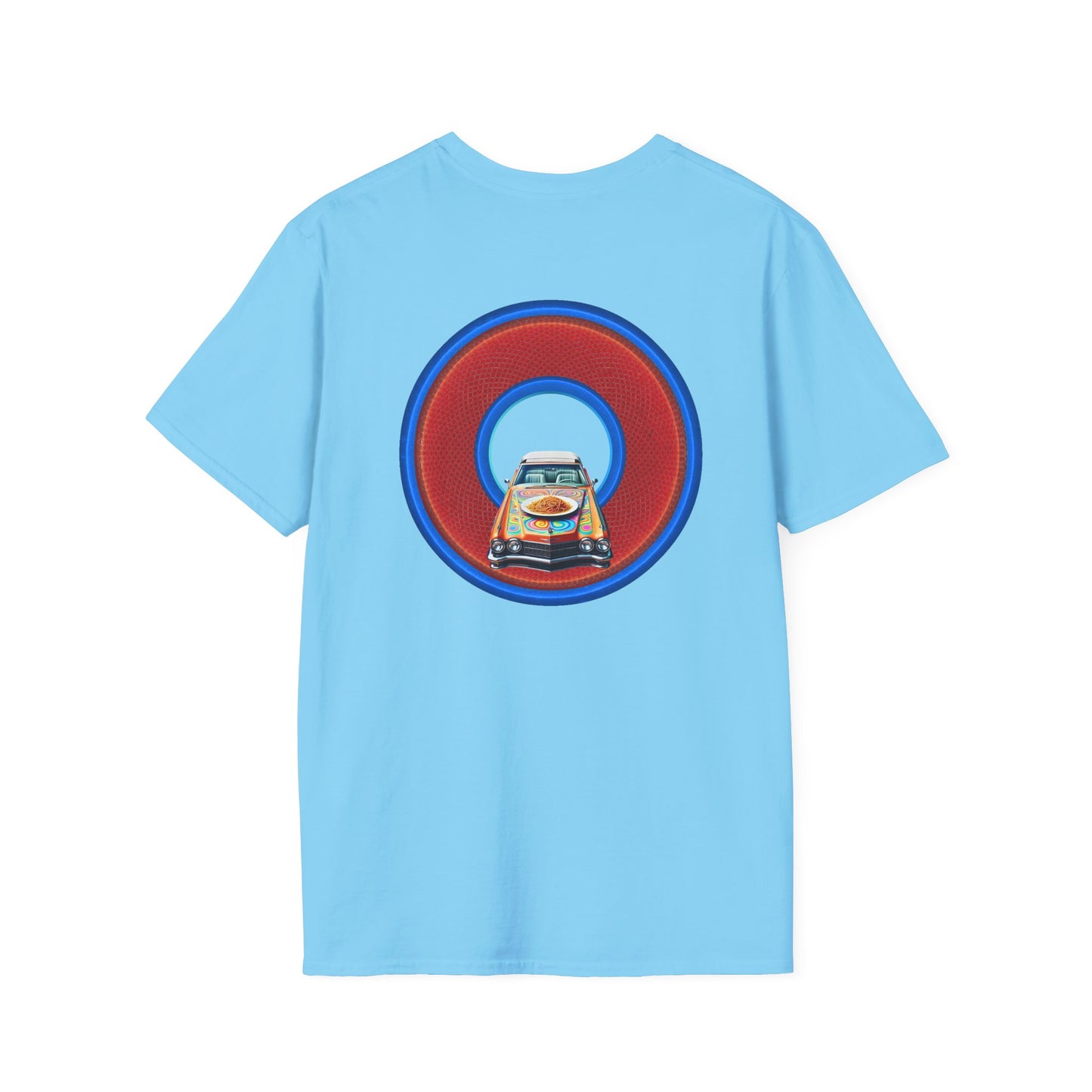 Classic Donut Tee - Unisex Soft-Style - "Cadillac Rainbows Spaghetti Incident" - series 1.0  - variant 4 - red/blue donut