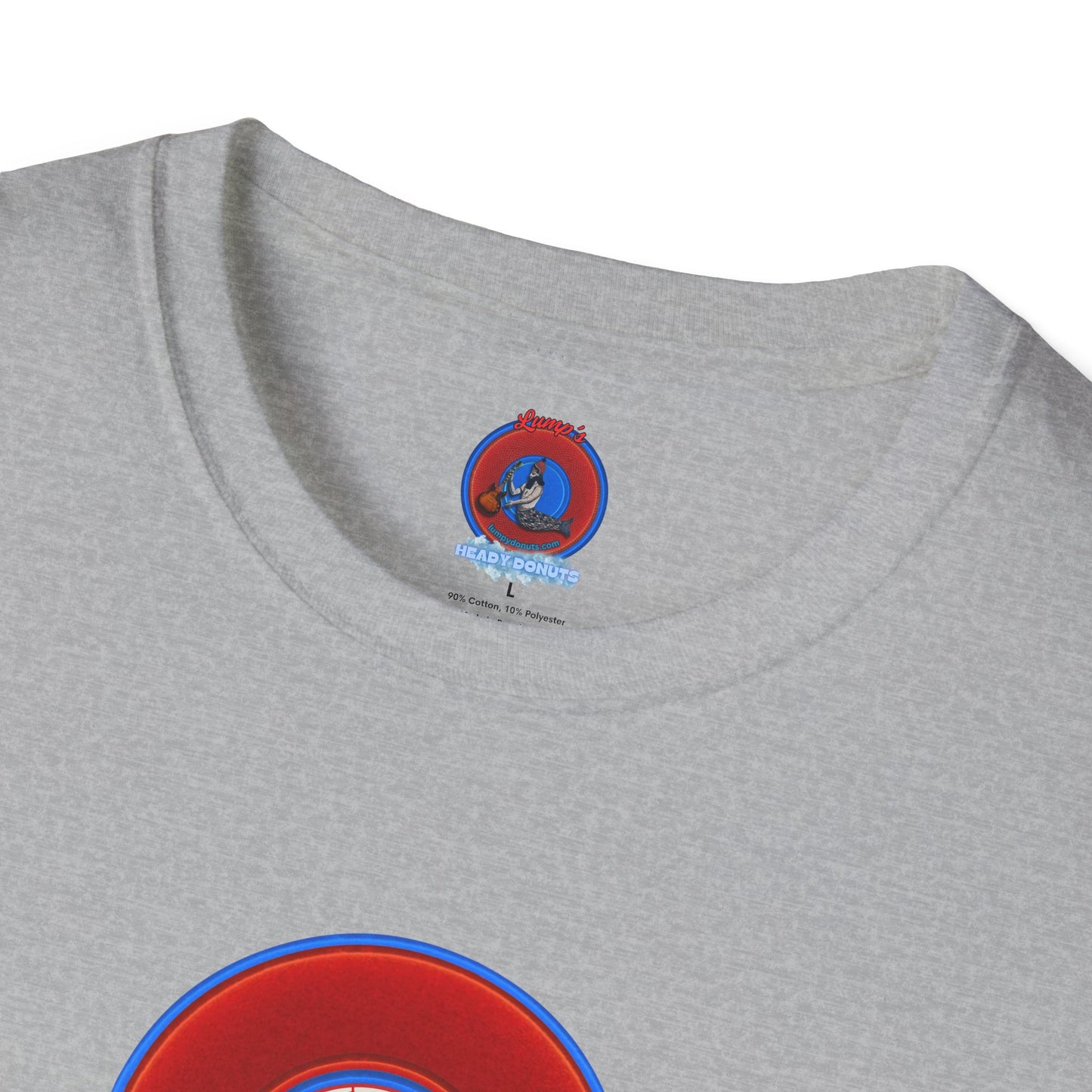 Classic Donut Tee - Unisex Soft-Style - "Phenway Ballpark Donuts" - vivid red/blue donut - variant 4