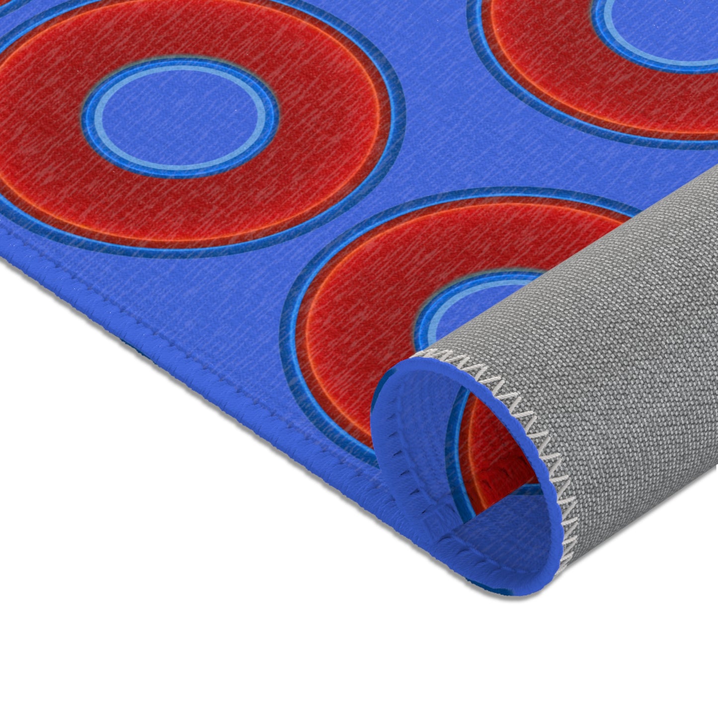 Lumpy Donut Print Rug - choice of 3 sizes - vivid red donut print w/royal blue background