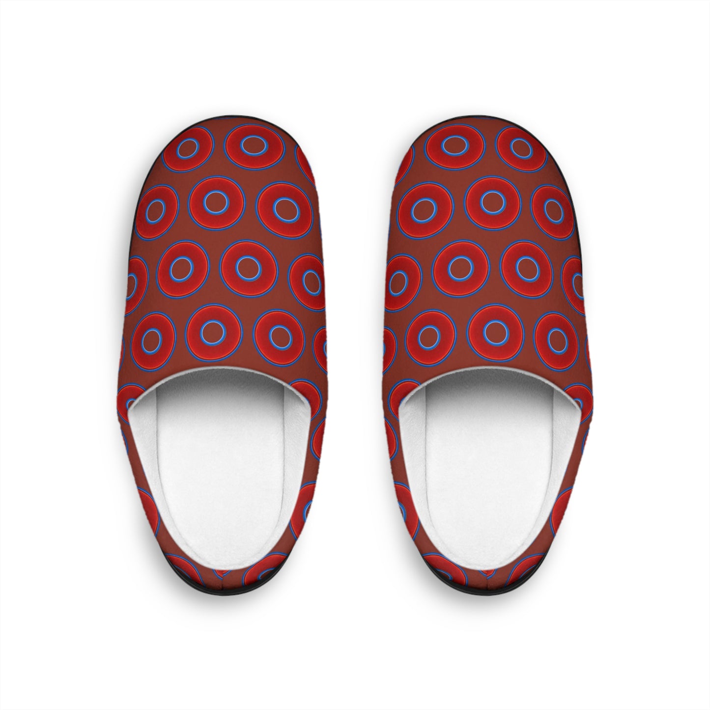 Men's Lumpy Slippers - red vivid donut print w/burnt umber background