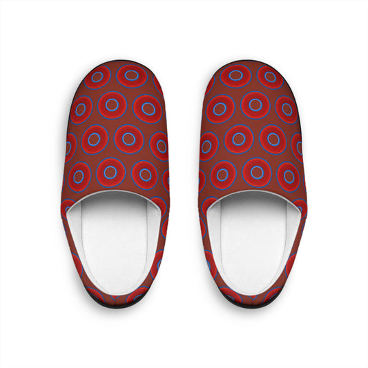 Men's Lumpy Slippers - red vivid donut print w/burnt umber background