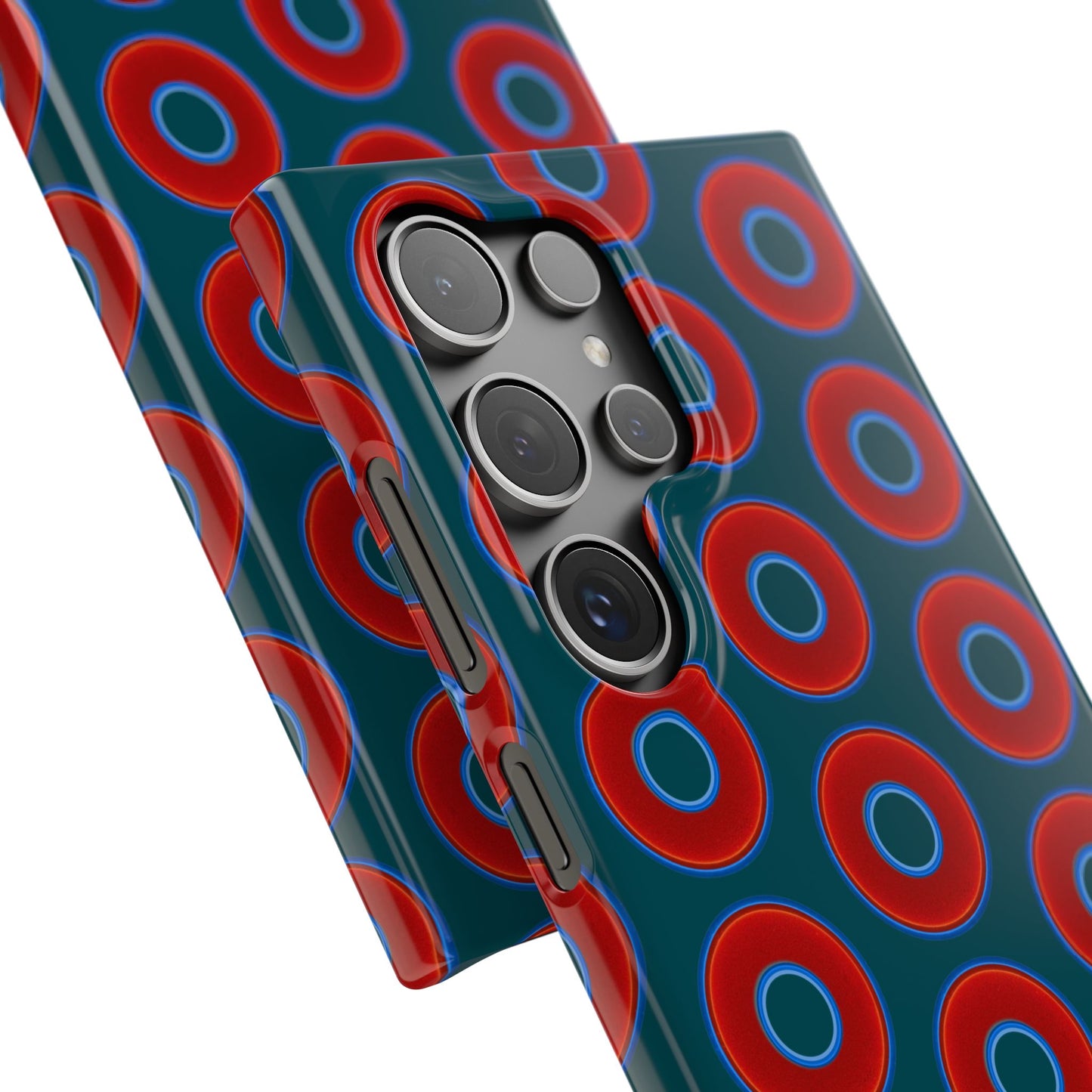 Lumpy Donut Snap Case - red vivid donut print w/midnight teal green background