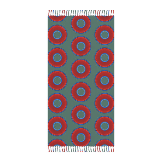 Oversized Lumpy Beach Towel - vivid red donuts w/Fenway green background