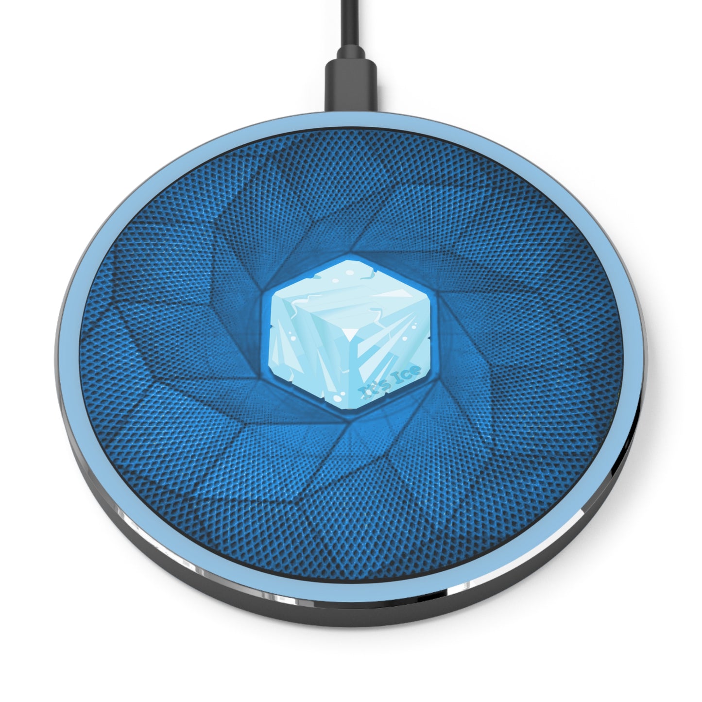 The Flow - Wireless Lumpy Donut Chargers - "It's Ice... Cube's Wireless Donut Charger" - blue cubed donut w/sky blue background - variant 2