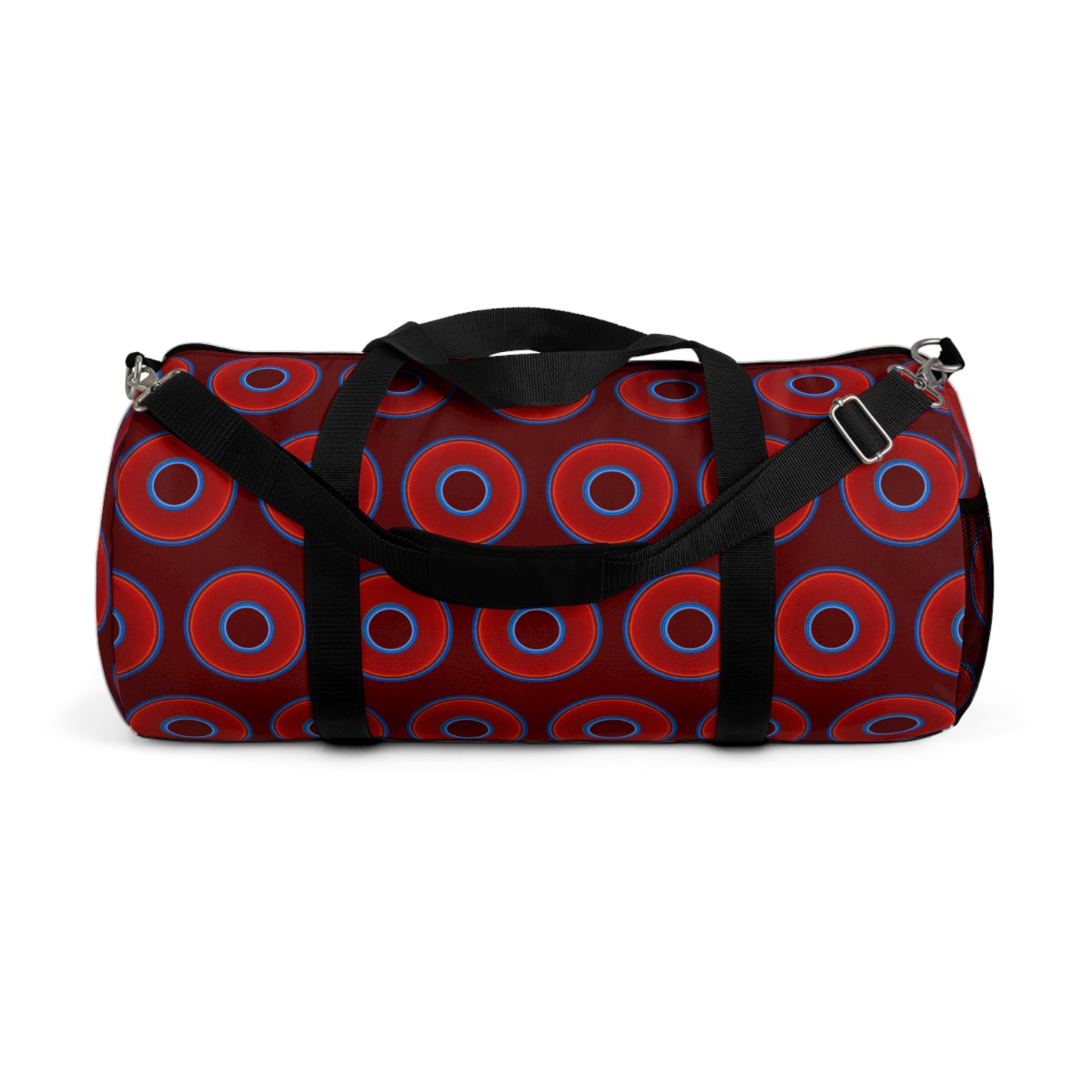 Lumpy Duffel - vivid red donuts w/dark red background