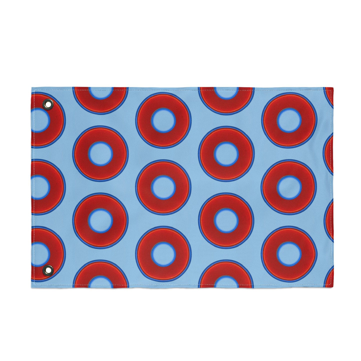 Lumpy Flagpole Sitters - Donut Flags [12" x 18"] - red vivid donut print w/sky blue background