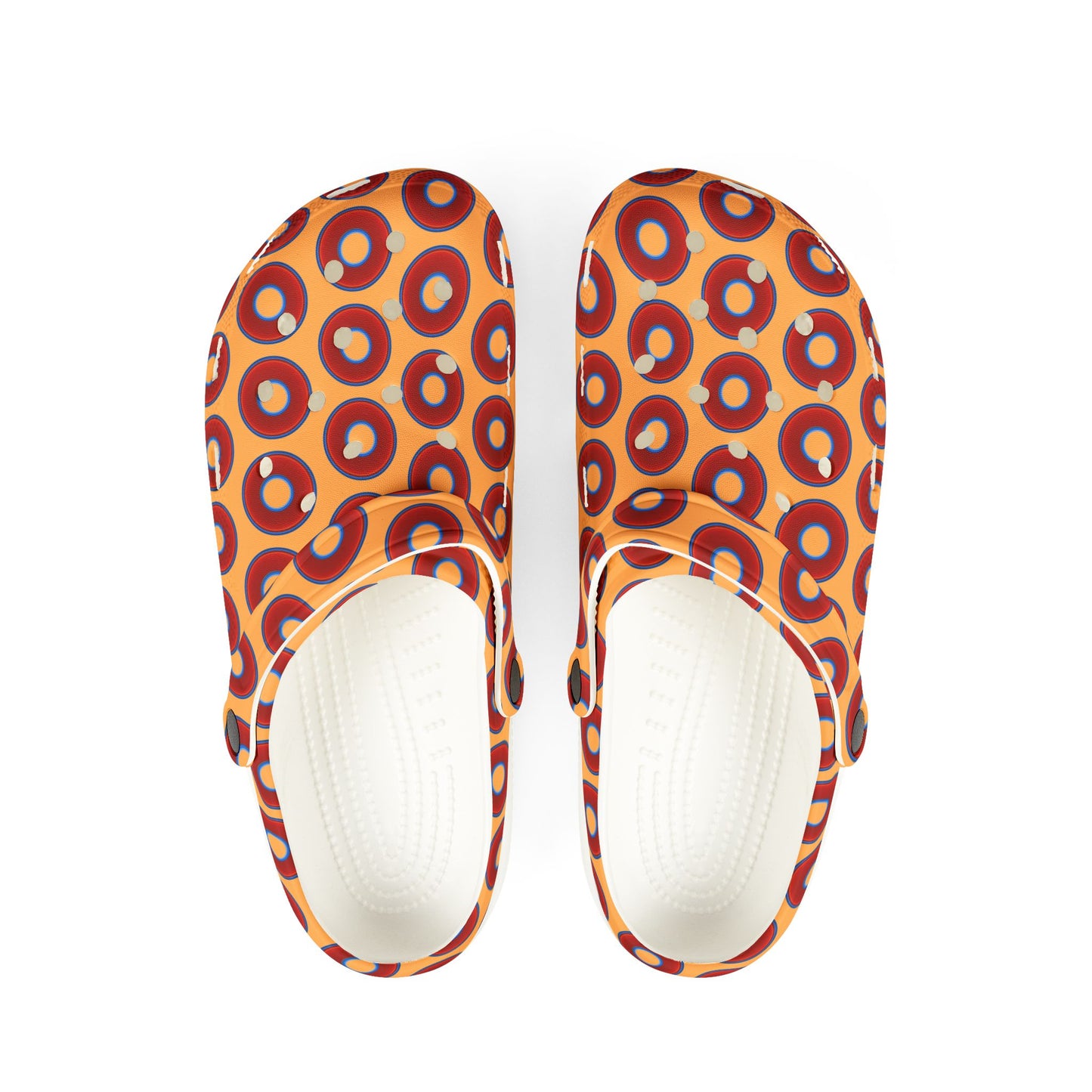 Spatchcocks - donut slip-on shoes - vivid red donuts w/orange creamsicle background [unisex]
