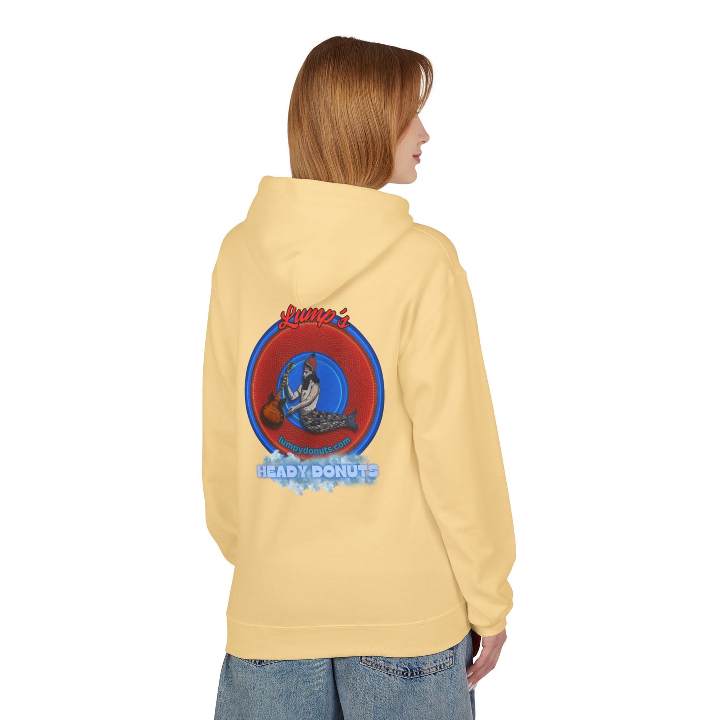 Unisex Fleece Hoodie - [Midweight Soft-style] - "Lump's Heady Logo" - w/rustic red donuts